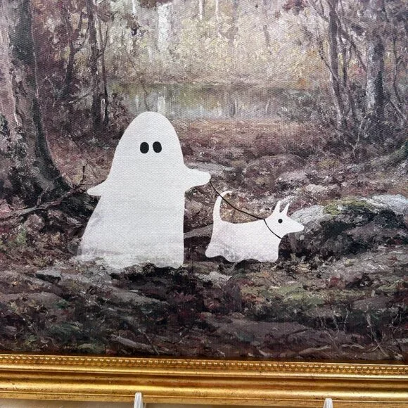 Halloween Ghost Walk Ghost Dog In the Woods Wall Art Gold Frame Viral TikTok - Picture 5 of 7